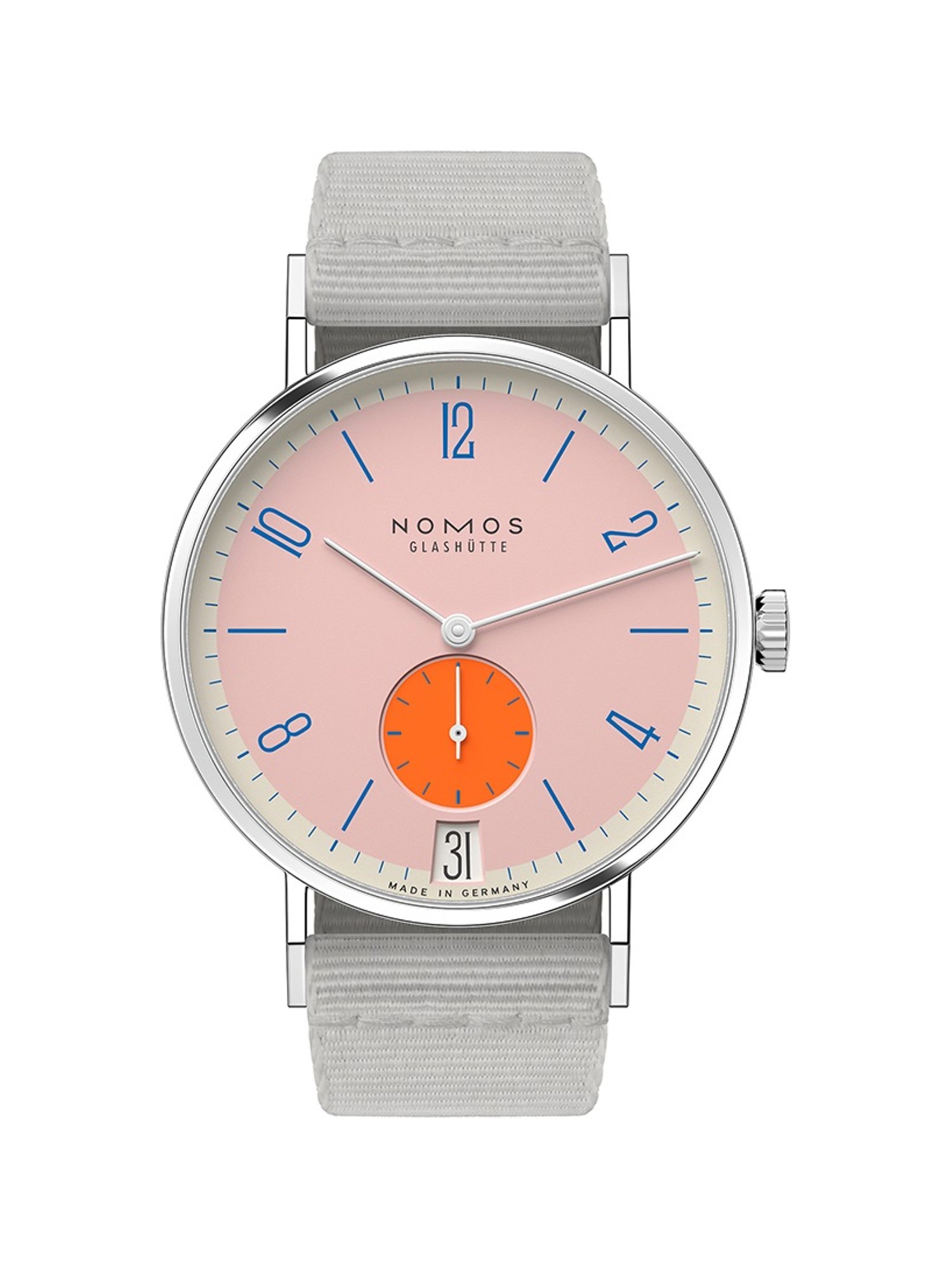 Nomos Glashütte Unisexuhr Tangente 38 Datum Flamingopink 179.S12 