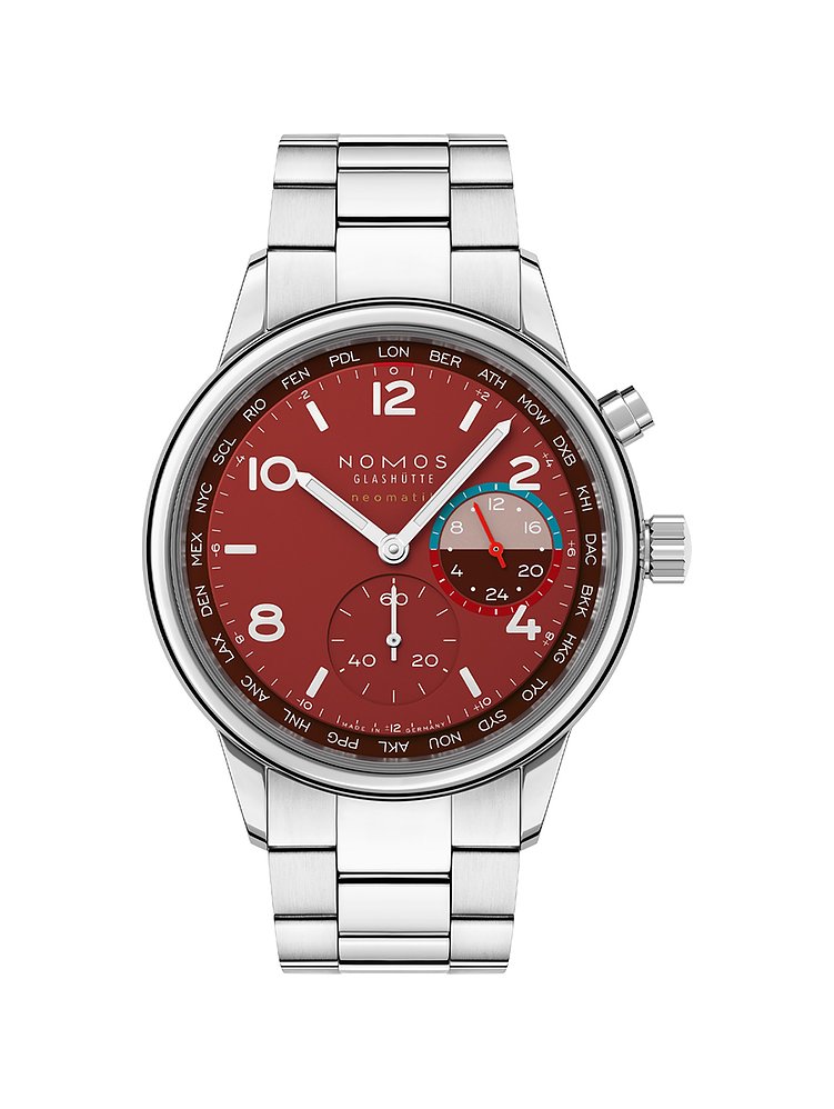Nomos Glashütte Herrenuhr Club Sport neomatik Weltzeit Magma 790.S5