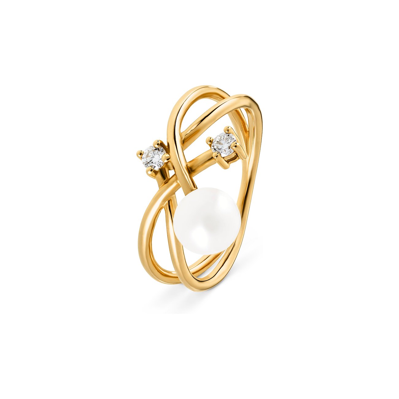 YAMOKO 585 Gelbgold Ring mit verschlungenen Bahnen, besetzt mit einer glänzenden Perle und zwei klaren Schmucksteinen.