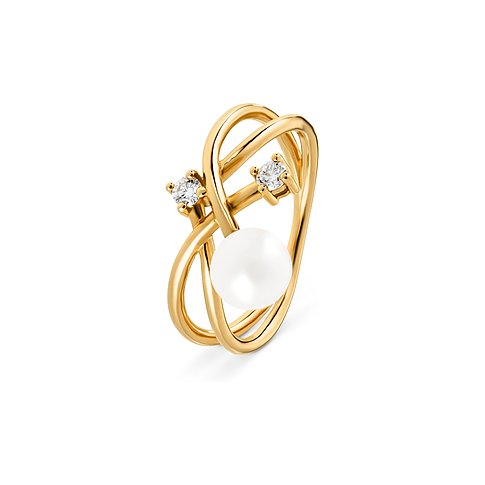 YAMOKO 585 Gelbgold Ring mit verschlungenen Bahnen, besetzt mit einer glänzenden Perle und zwei klaren Schmucksteinen.