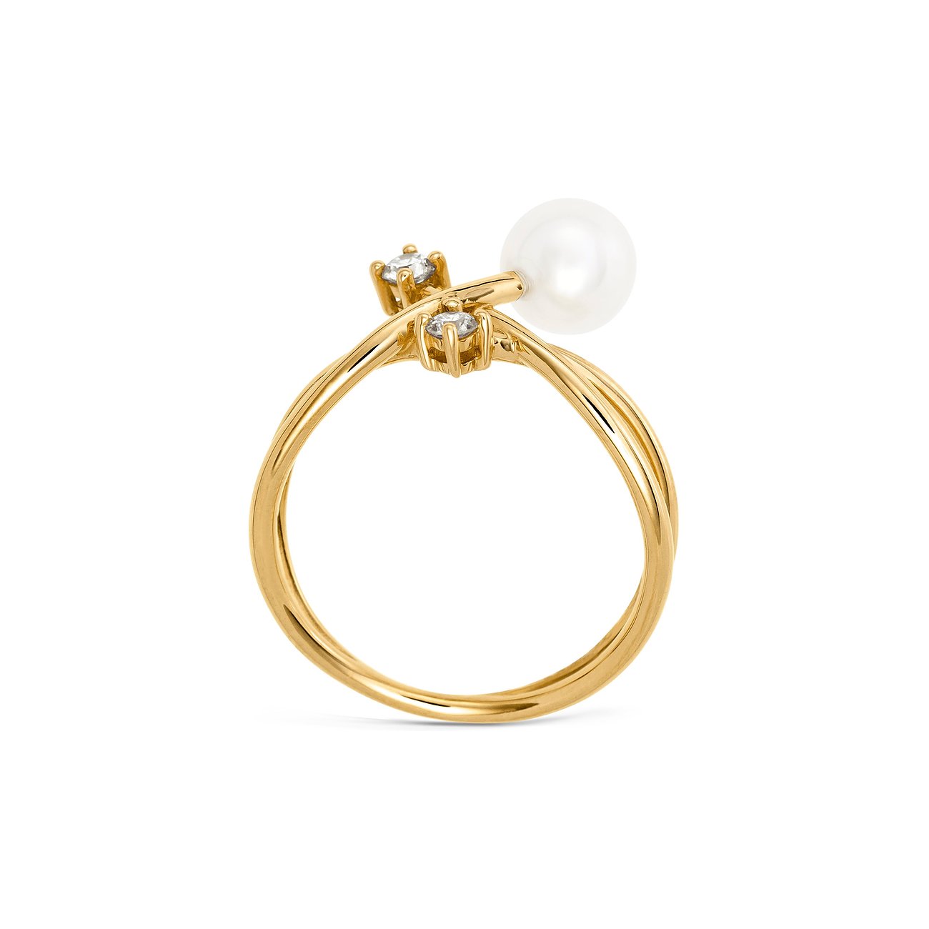 YAMOKO Ring aus 585 Gelbgold mit zwei funkelnden Schmucksteinen und einer seitlich sitzenden Perle.
