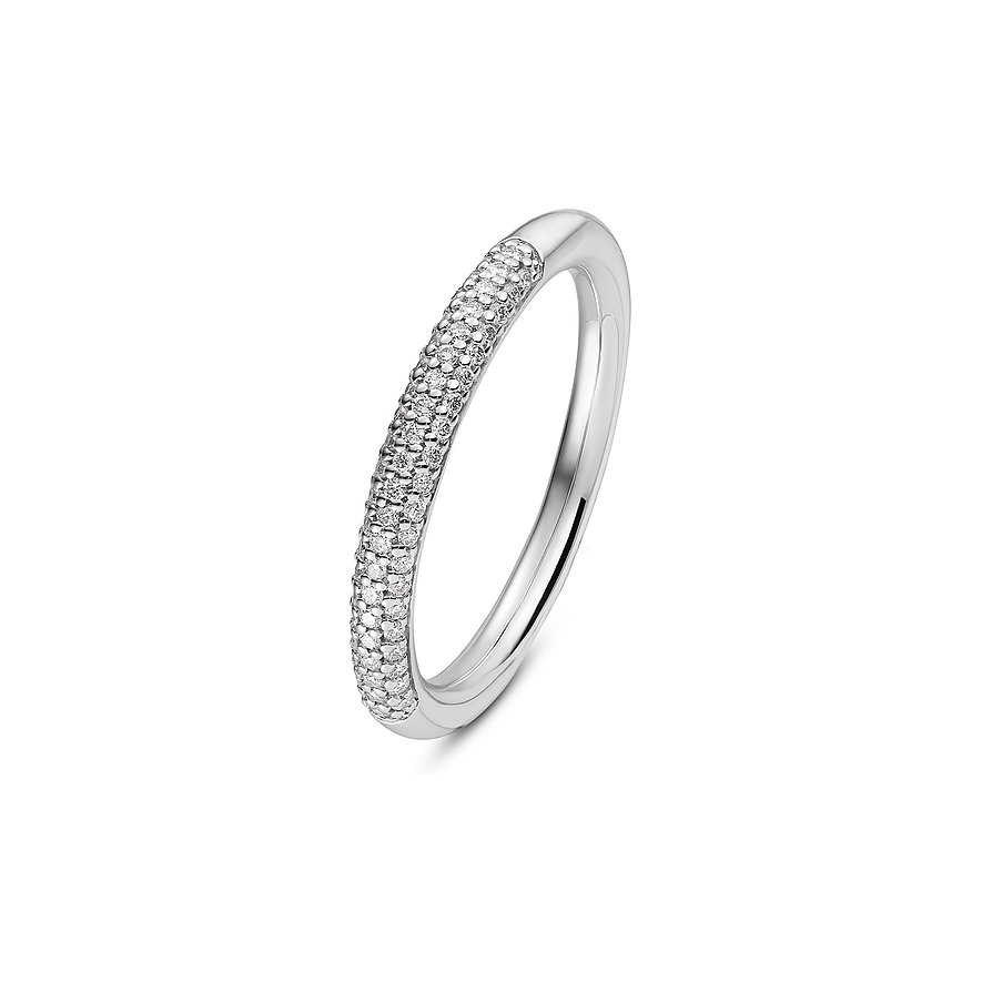 CHRIST Ring aus 585er Weißgold, halb besetzt mit funkelnden Diamanten, schräg von vorne aufgenommen.