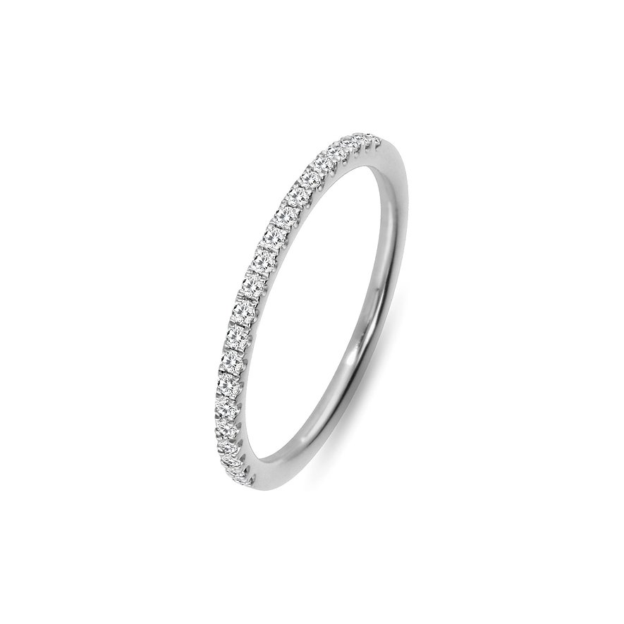 Ein funkelnder Valeria Ring aus Weißgold mit zahlreichen Diamanten in einer Reihe, frontal und leicht schräg aufgenommen.