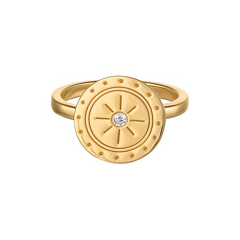 Caï Ring aus 925er Silber mit blauem Topas und Kompass-Design.