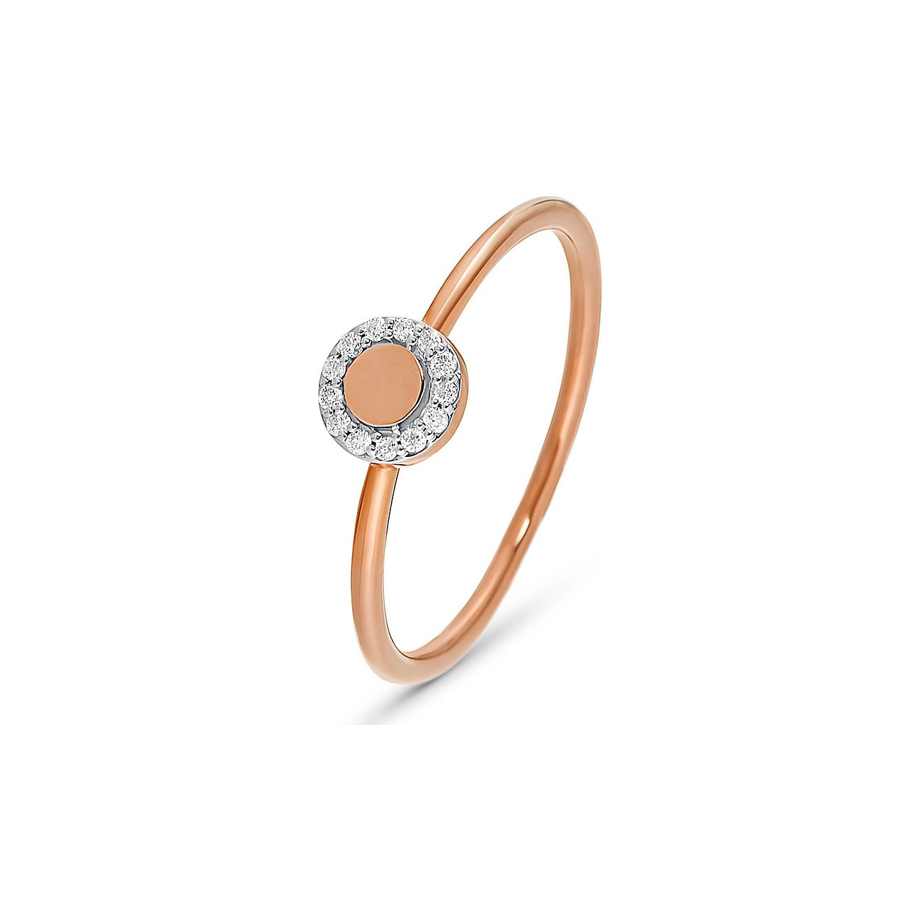 Valeria Ring aus 375 Roségold mit rundem Besatz aus Diamanten, frontaler Blick leicht nach links über die Rundung