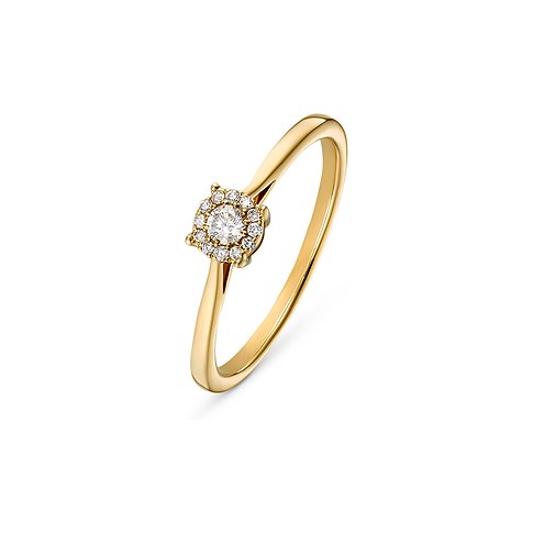 Valeria Ring aus Gelbgold mit funkelndem Diamant, umgeben von einem Kranz kleiner Diamanten. Glänzende Oberfläche.