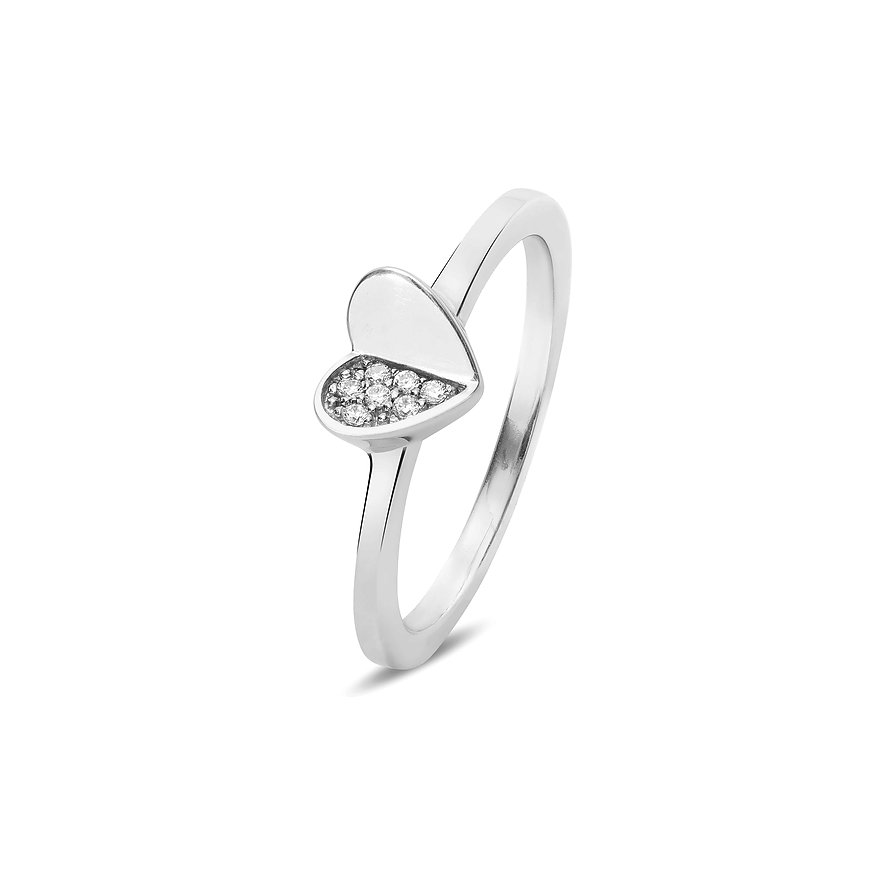 JETTE Damenring aus 925er Silber mit einem Herzmotiv, das teilweise mit glitzernden Zirkonia besetzt ist.