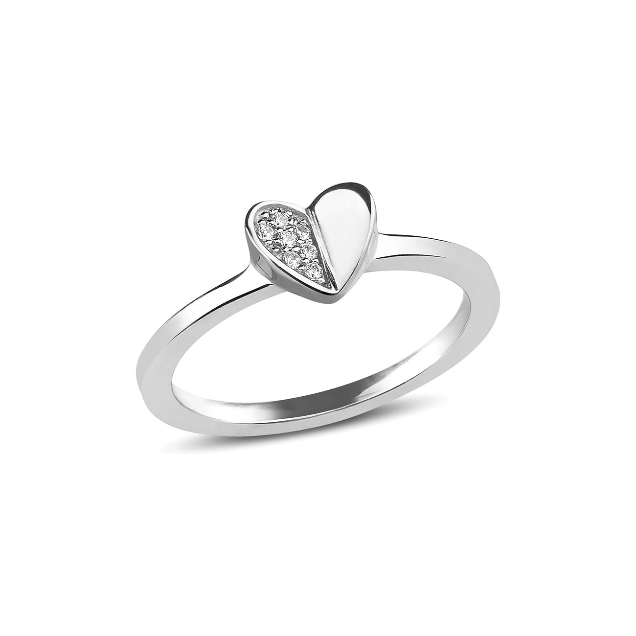 JETTE Damenring aus Silber mit herzförmigem Aufsatz, dessen eine Hälfte mit funkelnden Zirkonia besetzt ist.