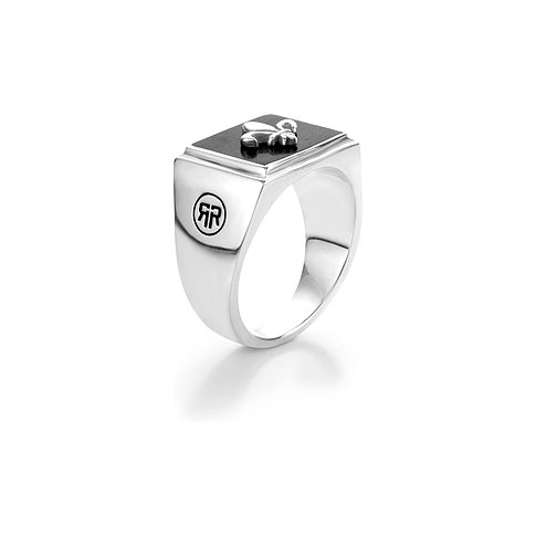 Rebel & Rose Ring aus 925er Silber mit Ebenholz und Fleur-de-Lis-Symbol.