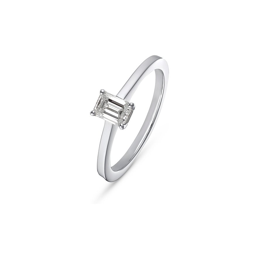 CHRIST 750 Weißgoldring mit einem rechteckigen Diamanten, der seitlich auf einer schmalen Ringschiene sitzt.