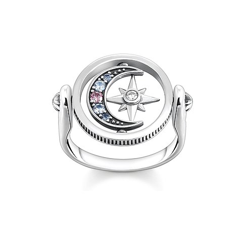Thomas Sabo Ring aus 925er Silber mit bunten Glassteinen und Stern.