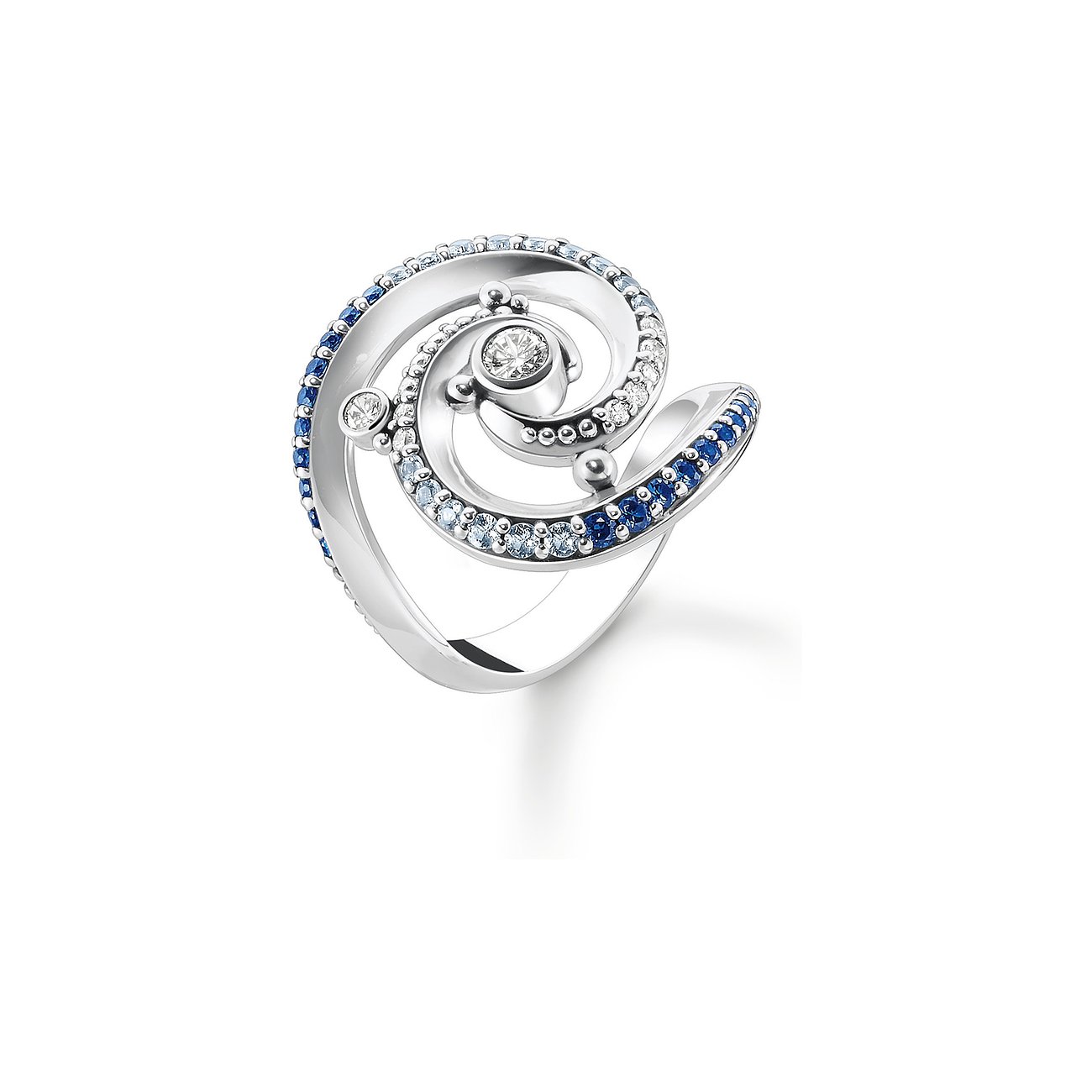 Thomas Sabo Ring aus 925er Silber in Form einer Spirale, besetzt mit blauem Spinell und klaren Farbsteinen.