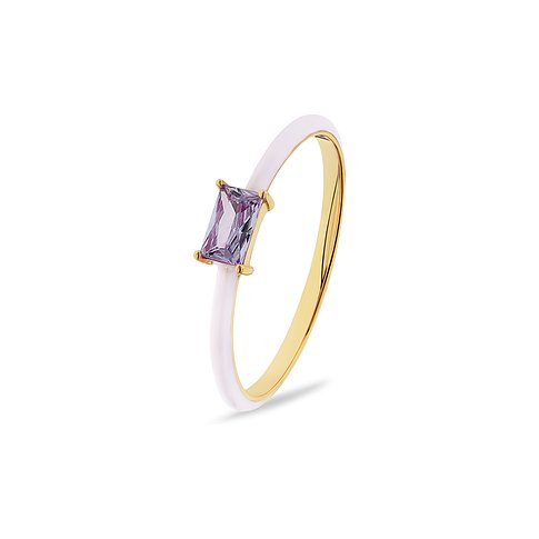 CHRIST Ring aus vergoldetem Silber 925 mit lilafarbenem Zirkonia und weißem Emaille, Draufsicht leicht schräg.