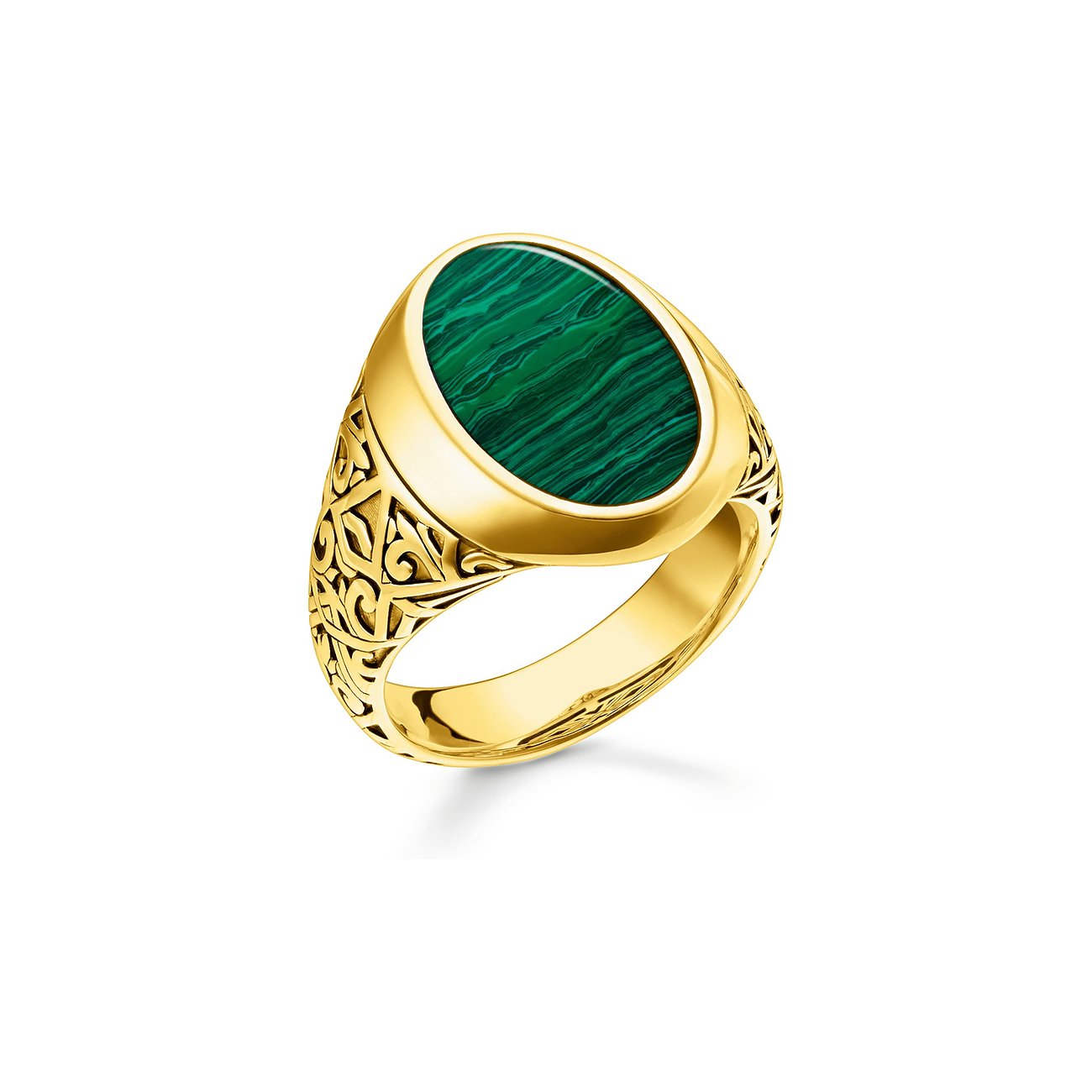 Thomas Sabo Ring aus vergoldetem Silber mit einem ovalen Malachit Farbstein in der Mitte von oben gesehen.