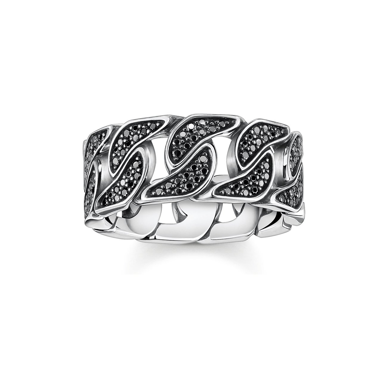 Thomas Sabo Ring aus 925er Silber im Ketten-Design, besetzt mit funkelnden schwarzen Zirkonia-Farbsteinen.