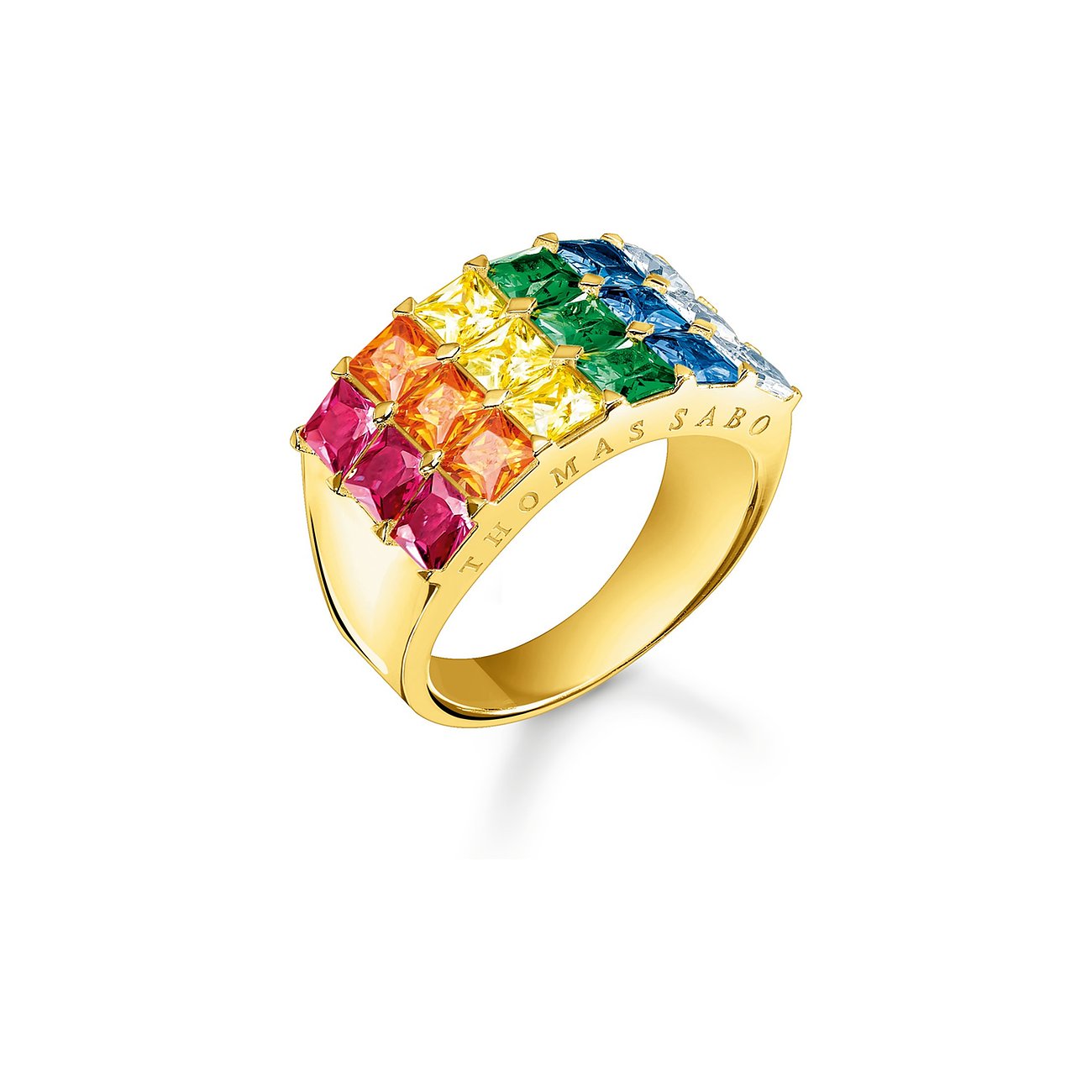Thomas Sabo Ring aus 925er Silber mit bunten Glassteinen im Prinzess-Schliff.