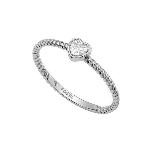 Fossil Ring aus Edelstahl mit Herz-Glasstein und gedrehtem Band.