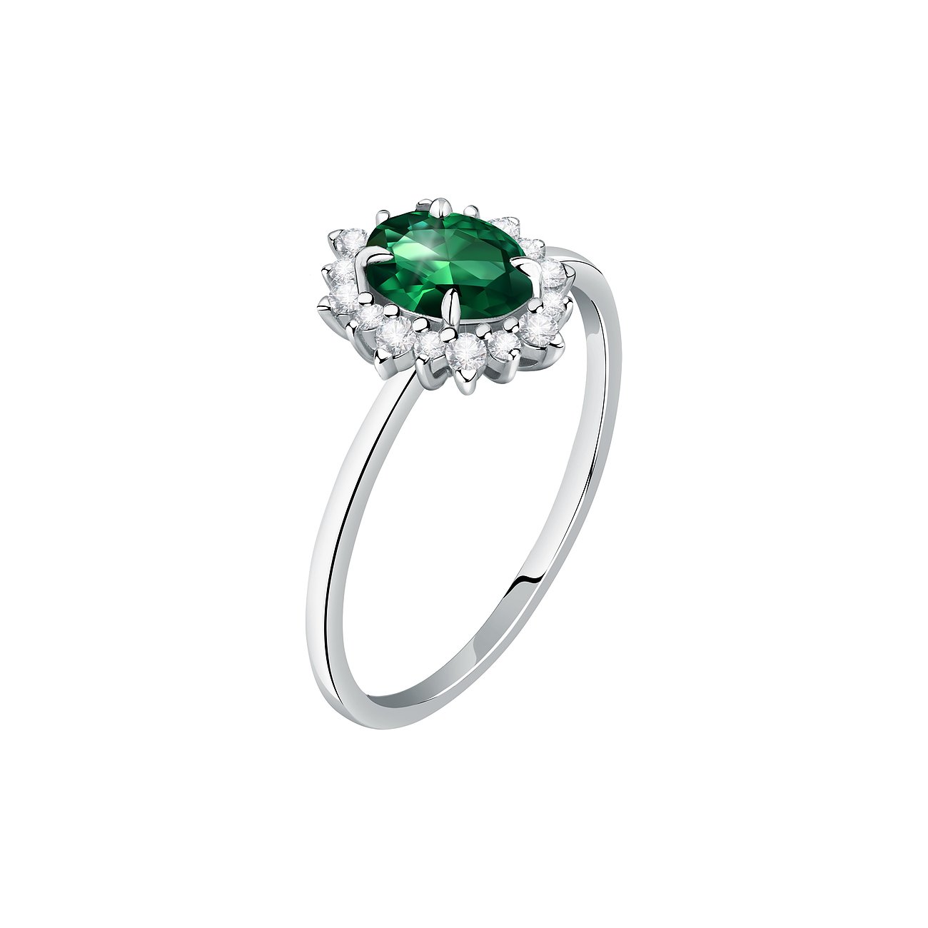 Live Diamond Ring aus 375 Weißgold mit Smaragd und weißen Steinen.