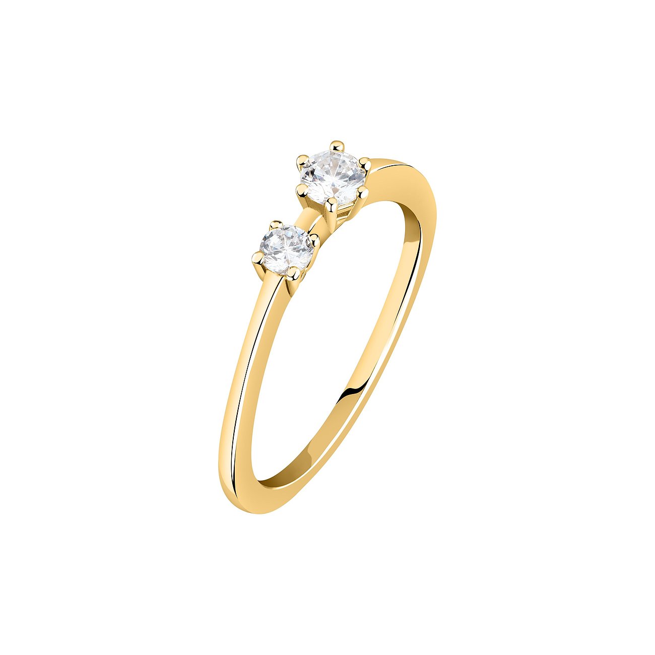 Live Diamond Ring aus Gelbgold mit zwei funkelnden Diamanten, schräg von oben aufgenommen.