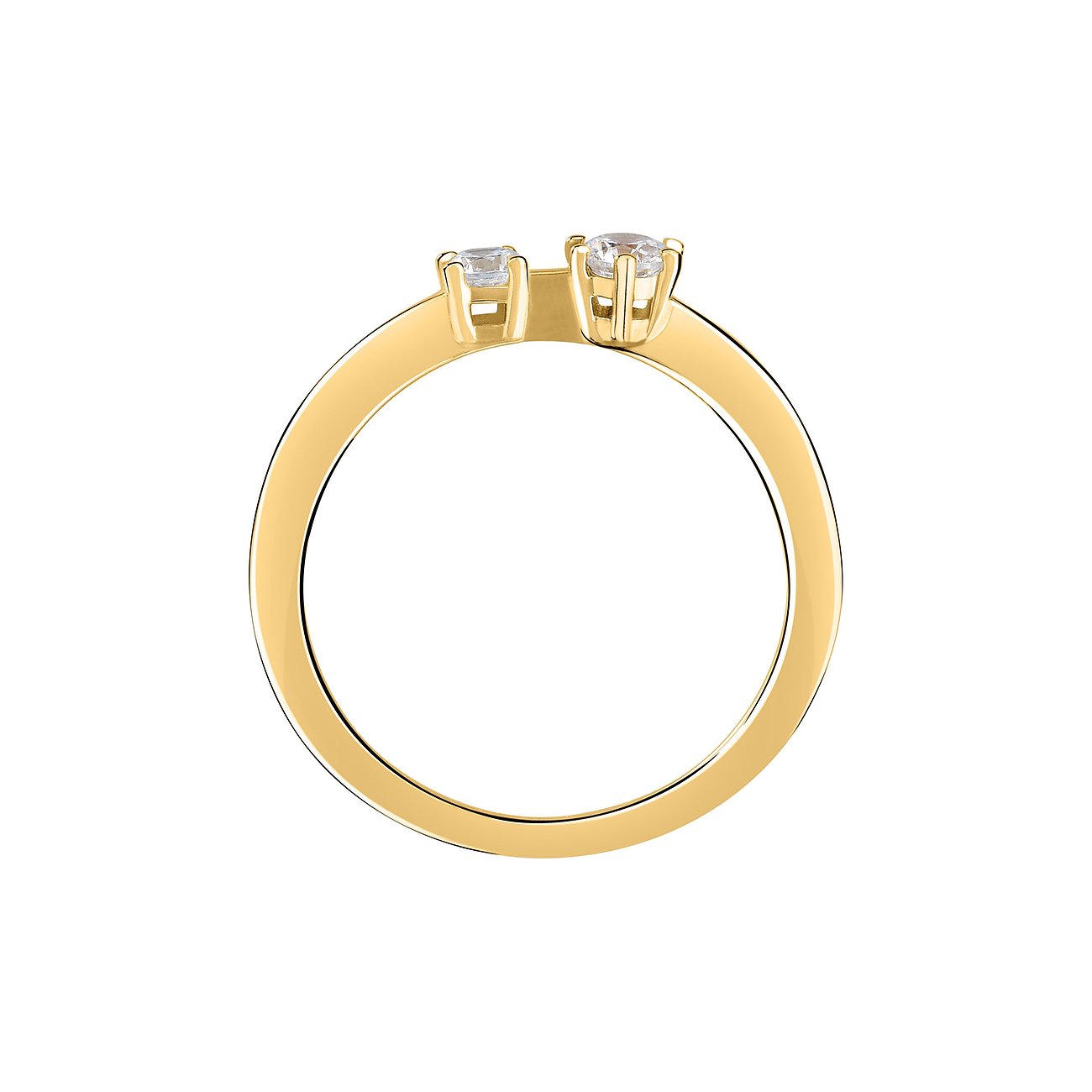 Live Diamond Ring aus Gelbgold mit zwei Diamanten von der Seite gesehen.