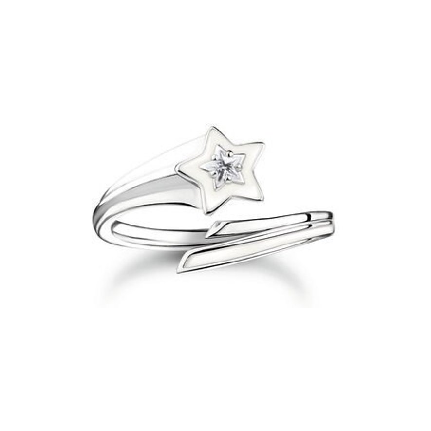 Thomas Sabo Ring aus Silber und Emaille. Der offene Ring zeigt einen weißen Stern mit einem Zirkonia-Farbstein in der Mitte.