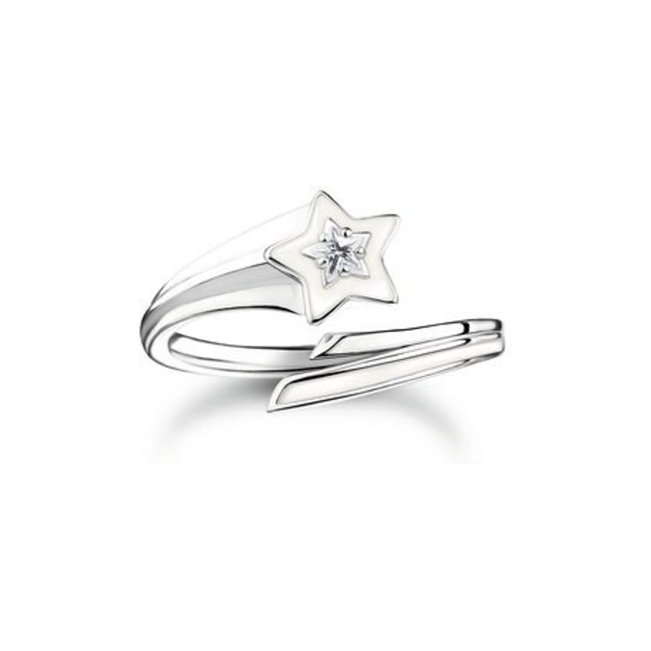 Thomas Sabo Ring aus Silber und Emaille. Der offene Ring zeigt einen weißen Stern mit einem Zirkonia-Farbstein in der Mitte.