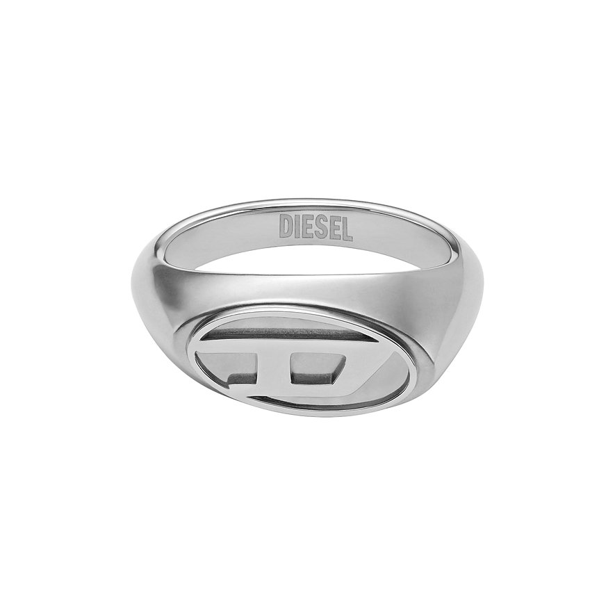 Diesel Edelstahlring mit Logo-Relief und eingraviertem Diesel-Schriftzug auf der Innenseite in der Draufsicht.
