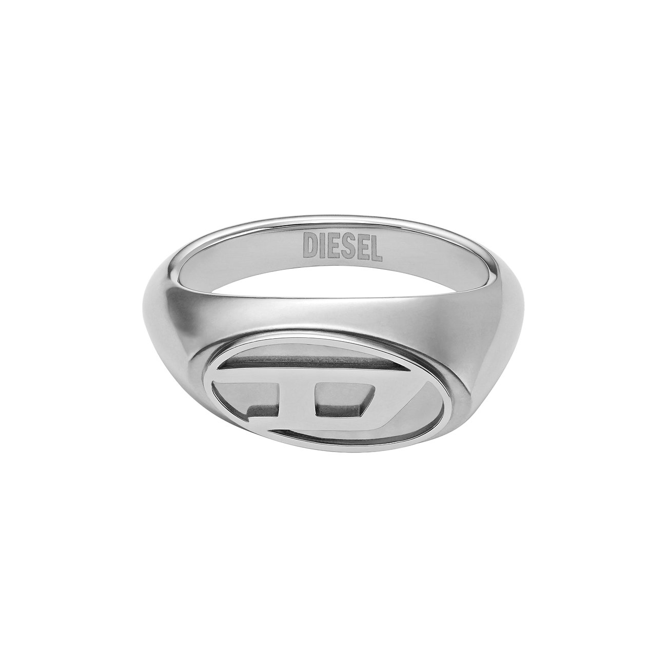 Diesel Edelstahlring mit Logo-Relief und eingraviertem Diesel-Schriftzug auf der Innenseite in der Draufsicht.