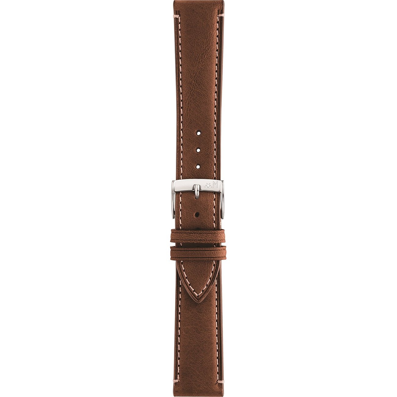 Ein braunes Morellato Uhrenarmband aus Leder und Edelstahl mit weißer Ziernaht, mittig liegend.