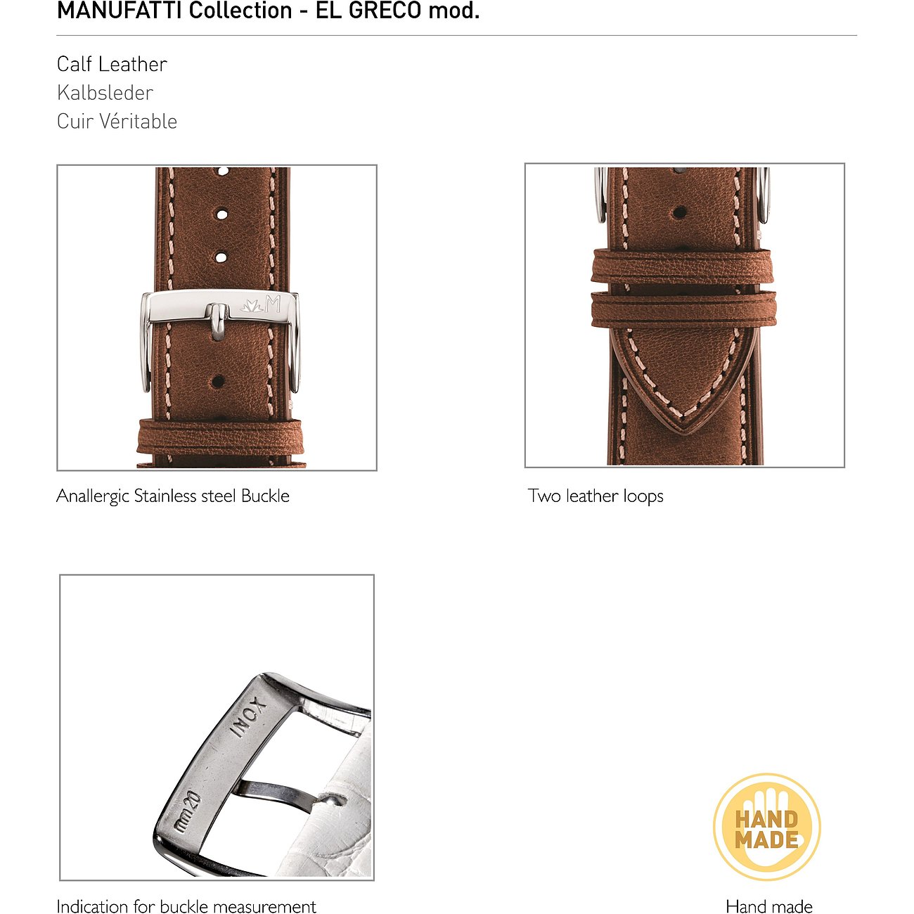 Detailansichten eines Uhrenbands von Morellato aus braunem Kalbsleder mit einer Edelstahlschnalle.