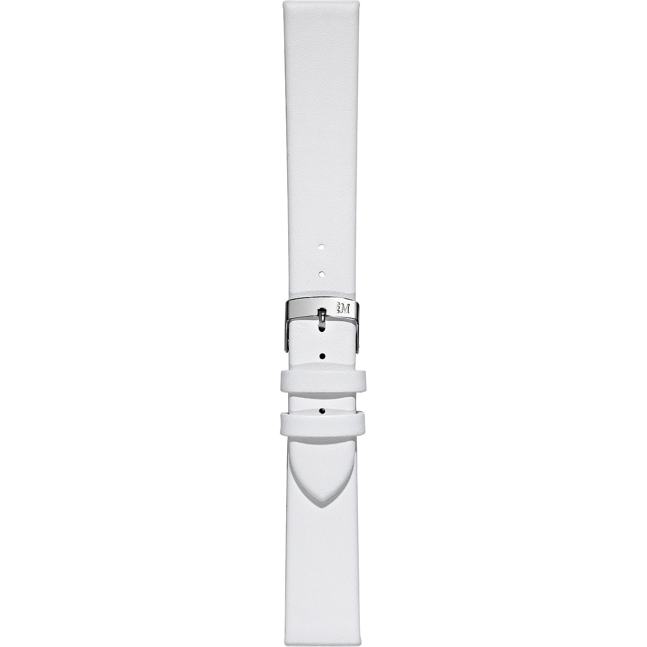 Ein weißes Morellato Uhrenarmband aus Leder und Edelstahl von oben. Es hat eine silberne Dornschließe.