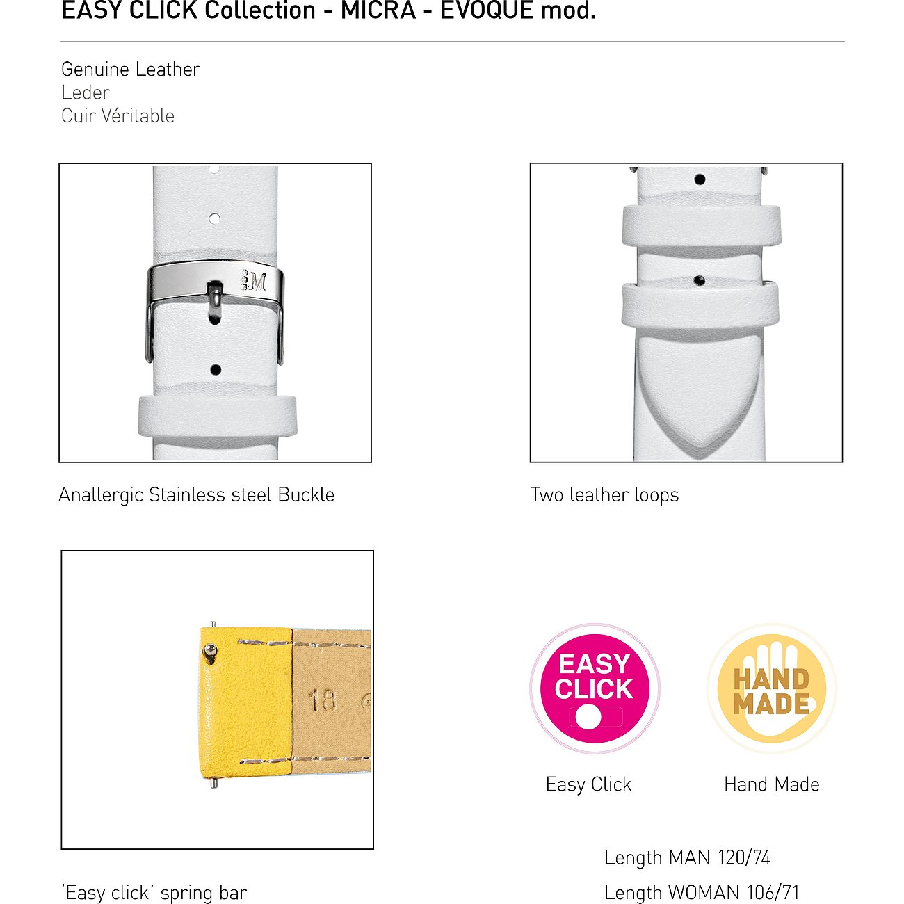 Detaillierte Ansicht des Morellato Lederarmbands für Uhren mit Edelstahlschnalle, Lederschlaufen und Easy-Click-Federstift