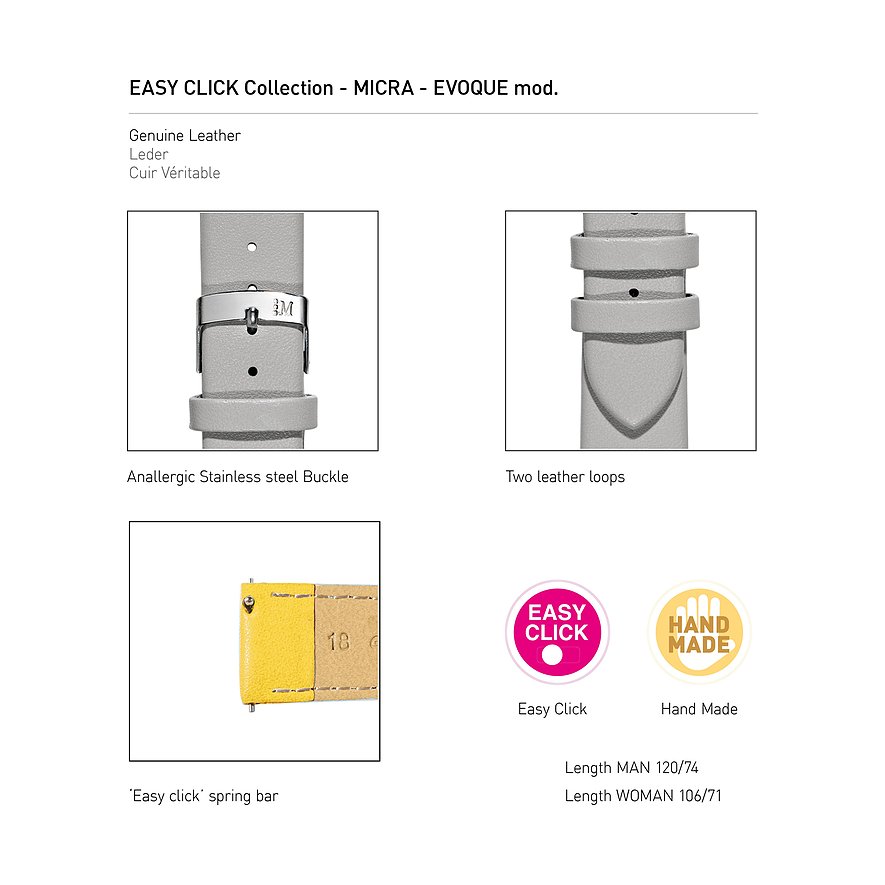 Morellato Easy Click Leder-Uhrenarmband: Edelstahlschnalle, zwei Lederschlaufen, Federsteg.