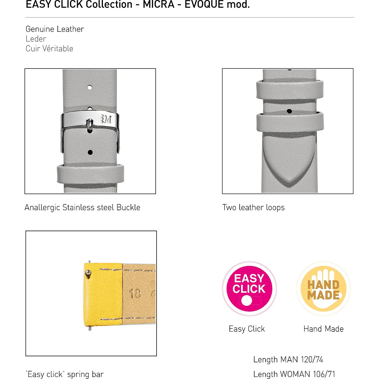 Morellato Easy Click Leder-Uhrenarmband: Edelstahlschnalle, zwei Lederschlaufen, Federsteg.