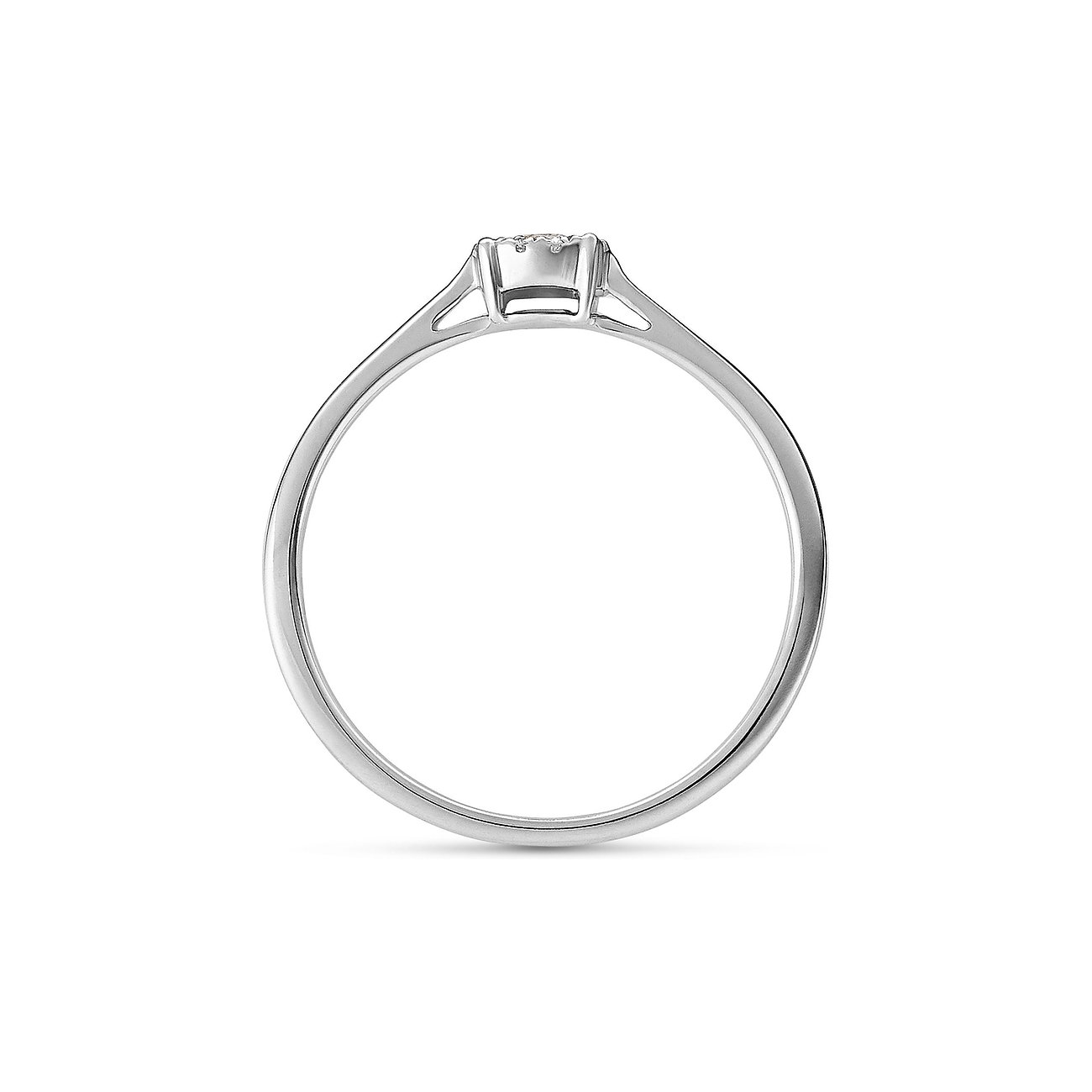 CHRIST Ring aus 585er Weißgold, seitliche Ansicht eines schmalen Bandes mit einem kleinen, runden Diamanten.