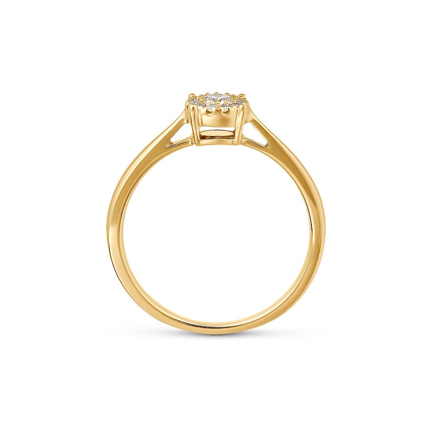 CHRIST Ring aus 585er Gelbgold mit einem funkelnden Diamanten in der Mitte, umrandet von kleineren Diamanten.