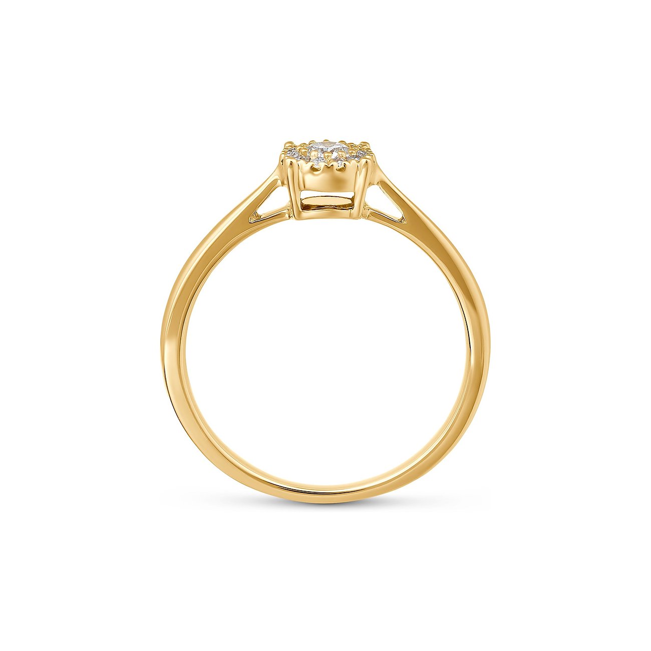 CHRIST Ring aus 585er Gelbgold mit einem funkelnden Diamanten in der Mitte, umrandet von kleineren Diamanten.