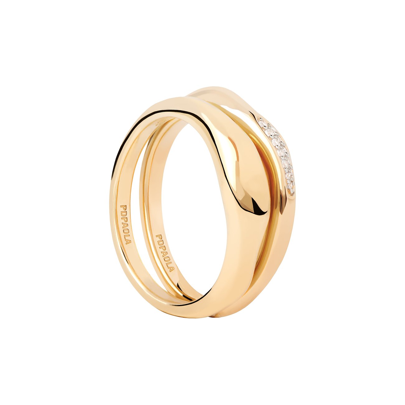 PdPaola Silberring in Goldoptik mit Zirkonia-Steinbesatz und gekreuztem Design, seitlich von oben gesehen.