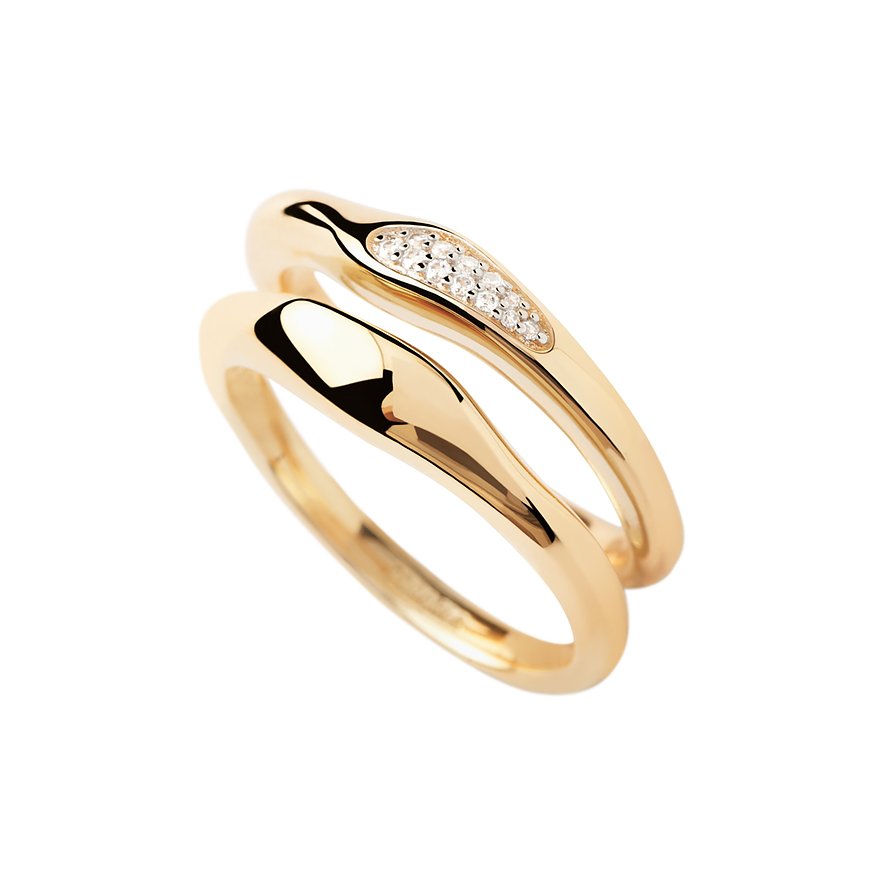 Eng anliegender PdPaola Ring aus glänzendem vergoldetem Silber mit einer Reihe klarer Zirkonia im oberen Segment.