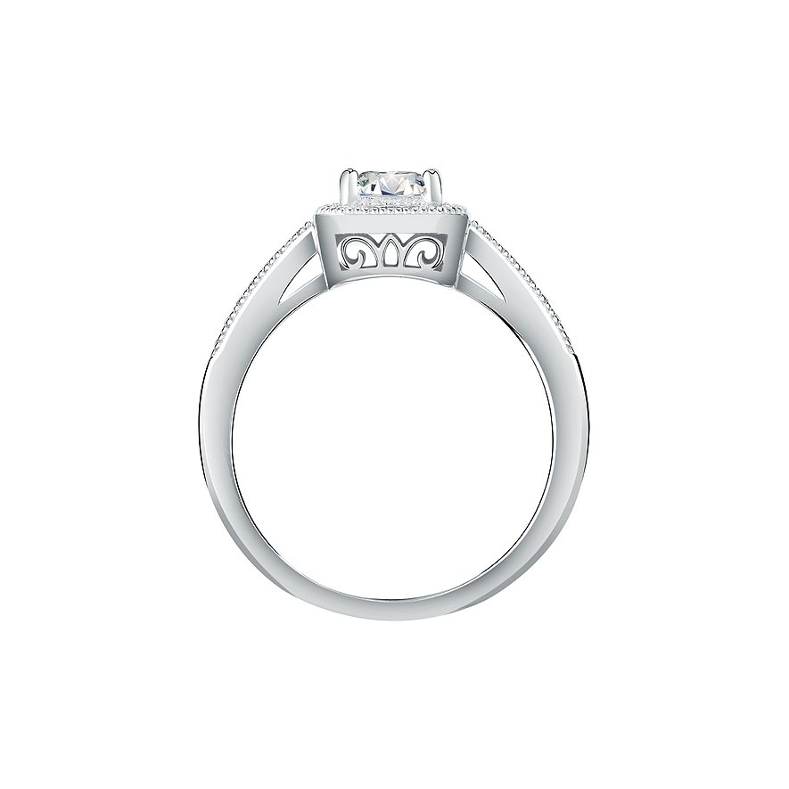 CHRIST Ring aus recyceltem 925er Silber mit Zirkonia-Stein. Der Ring zeigt ein verziertes Design unter dem Hauptstein.