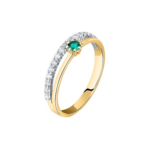 Live Diamond Ring aus 375 Gelbgold mit Smaragd und weißen Steinen.