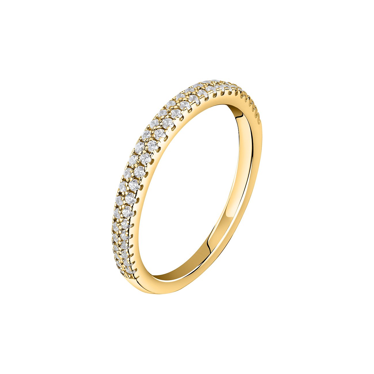 CHRIST Ring aus 585er Gelbgold mit zwei Reihen funkelnder Diamanten, seitlich von oben fotografiert.