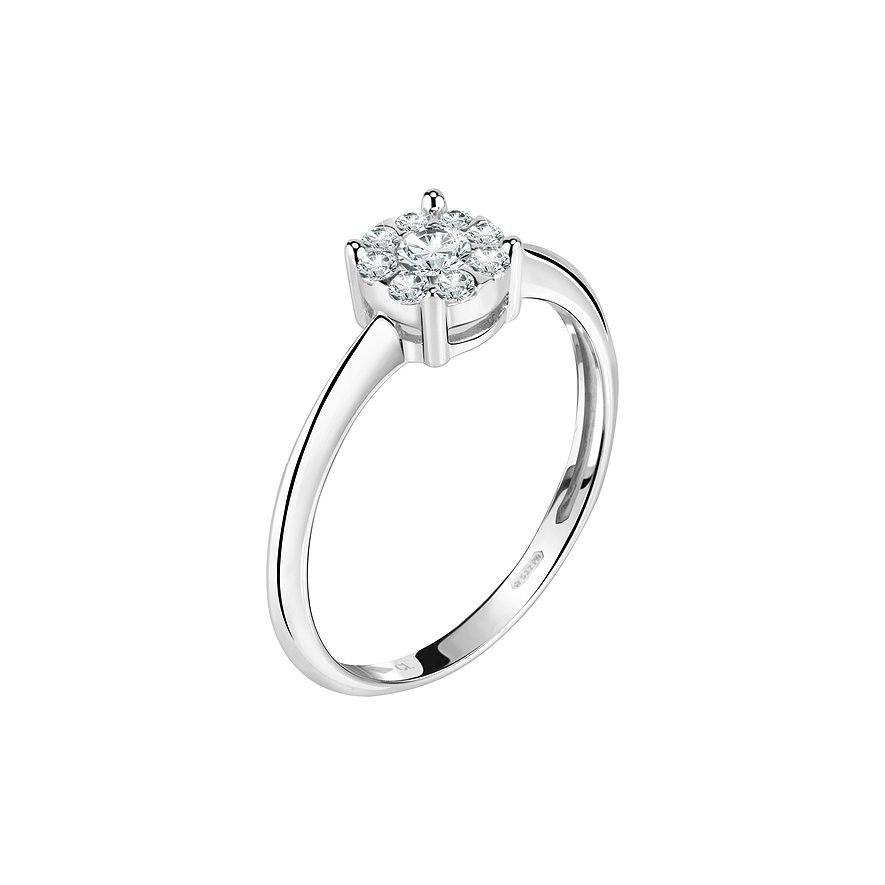 CHRIST Ring aus 750er Weißgold mit einem mittig großen Diamanten, umrandet von kleineren Diamanten in Blütenform.