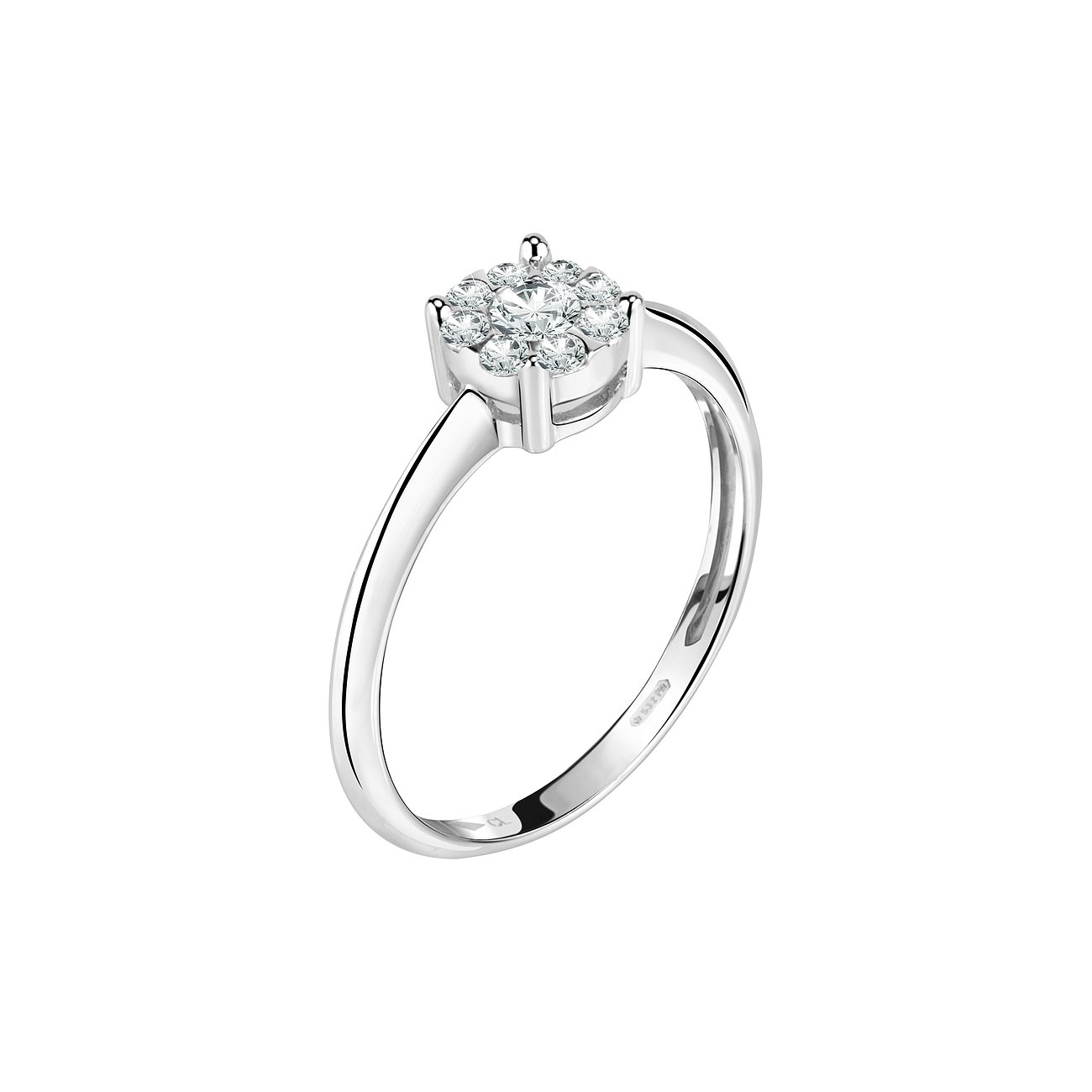 CHRIST Ring aus 750er Weißgold mit einem mittig großen Diamanten, umrandet von kleineren Diamanten in Blütenform.