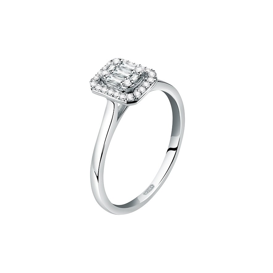 CHRIST Ring aus 585 Weißgold mit quadratischem Halo aus funkelnden Diamanten, der mittig einen großen Diamanten umschließt.