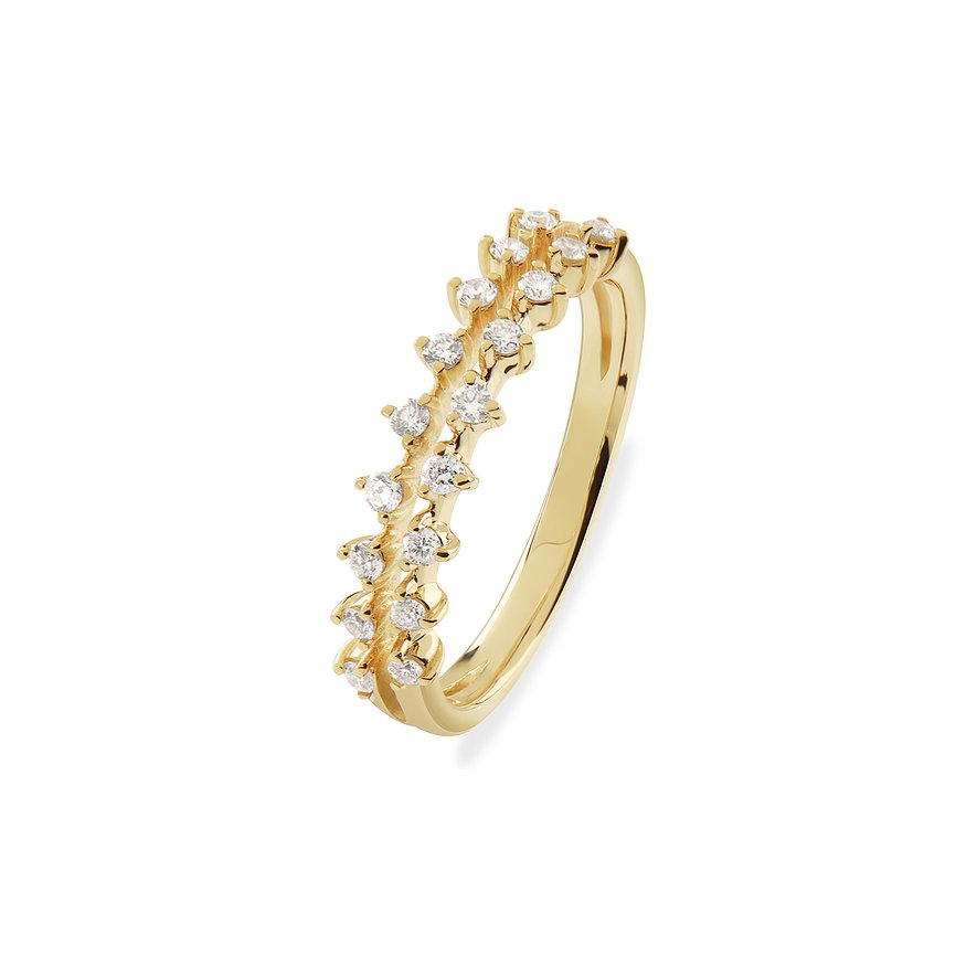 CHRIST Ring aus Gelbgold mit funkelnden Diamanten, der eine Doppellinien-Optik mit versetzten Steinen aufweist.