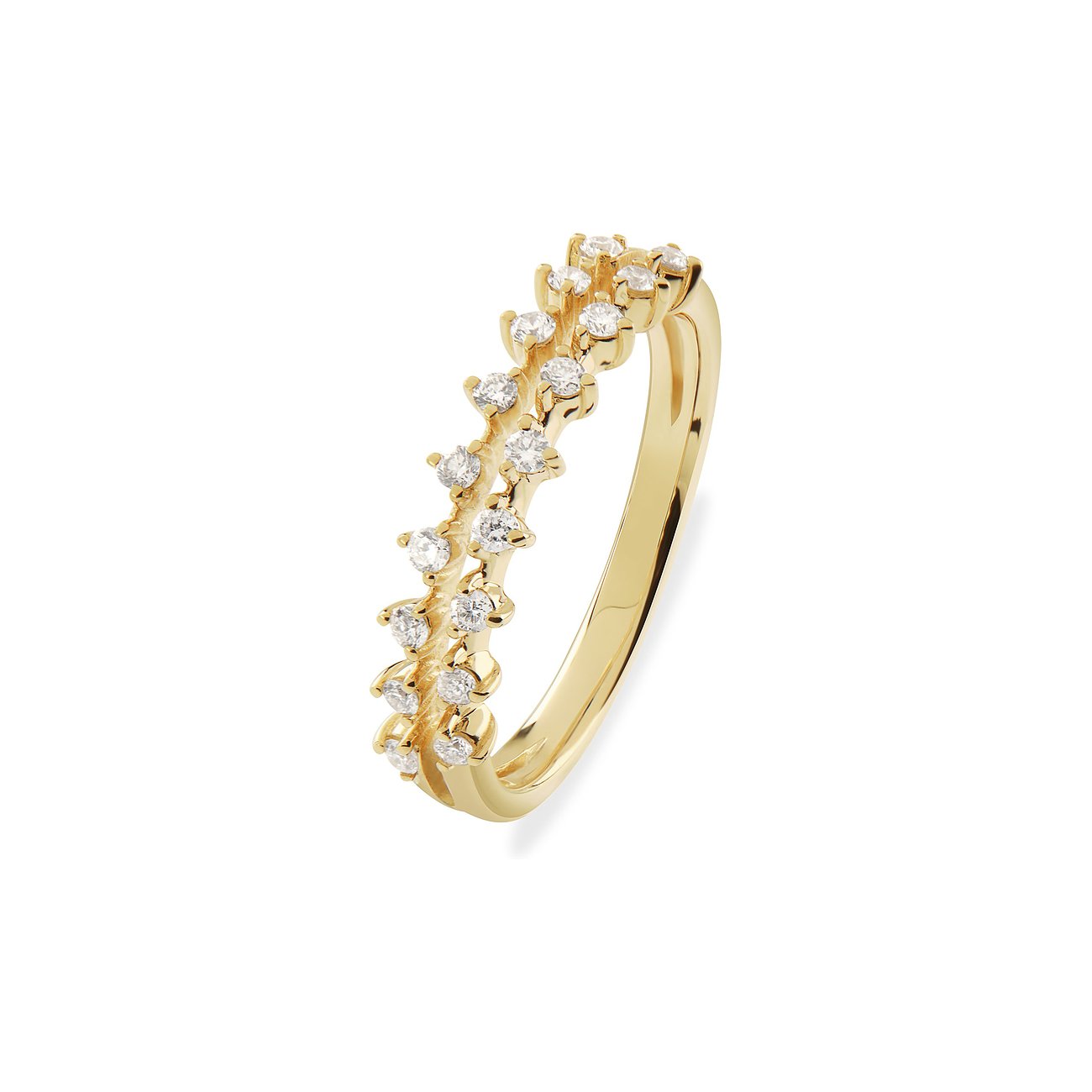 CHRIST Ring aus Gelbgold mit funkelnden Diamanten, der eine Doppellinien-Optik mit versetzten Steinen aufweist.