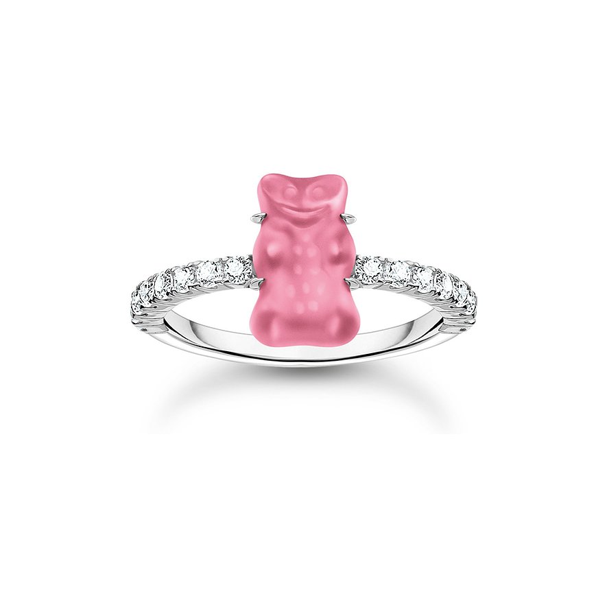 Thomas Sabo Ring aus 925er Silber mit Zirkonia und einem rosafarbenen Gummibärchen als zentralem Farbstein.