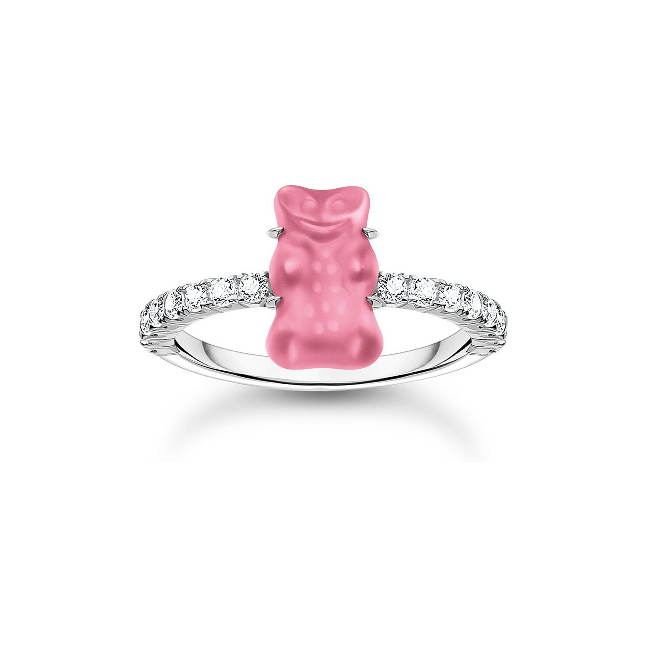 Thomas Sabo Ring aus 925er Silber mit Zirkonia und einem rosafarbenen Gummibärchen als zentralem Farbstein.