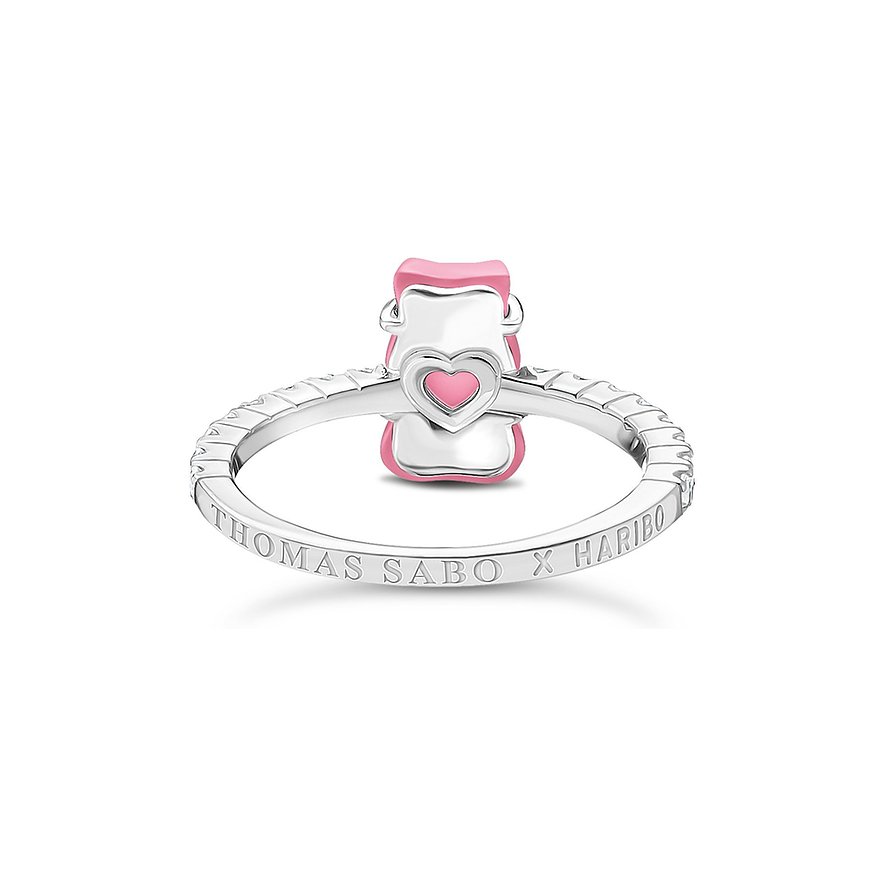 Thomas Sabo Ring aus Silber mit einem herzförmigen rosa Zirkonia im unteren Bereich des Rings.